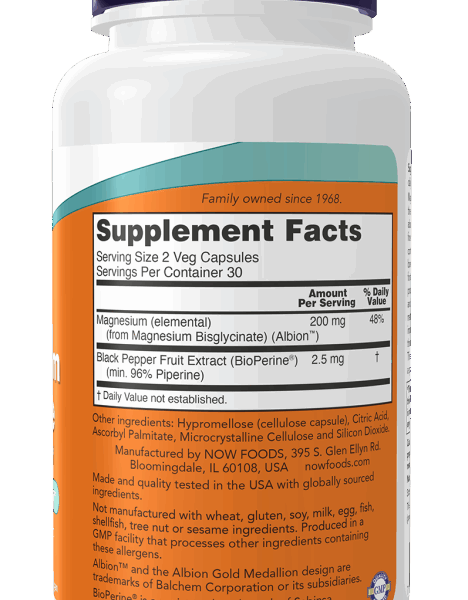 NOW Foods MAGNESIUM GLYCINATE WITH BIOPERINE 60 VCAPS