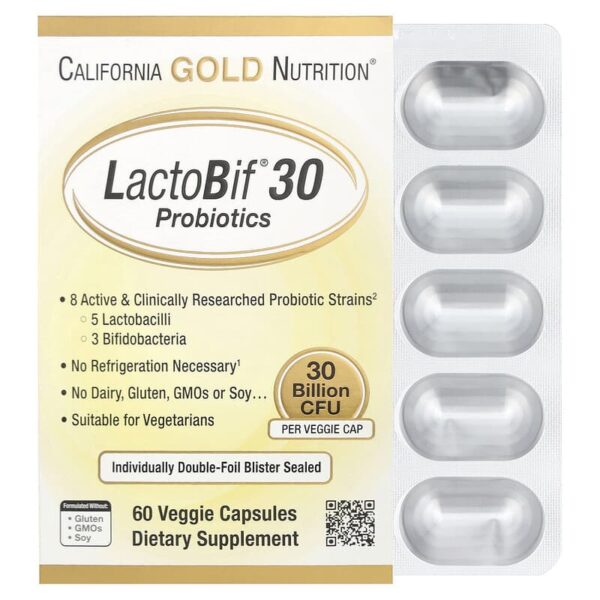 California Gold Nutrition LactoBif 30 Probiotics, 30 Billion CFU, 60 Veggie Capsules