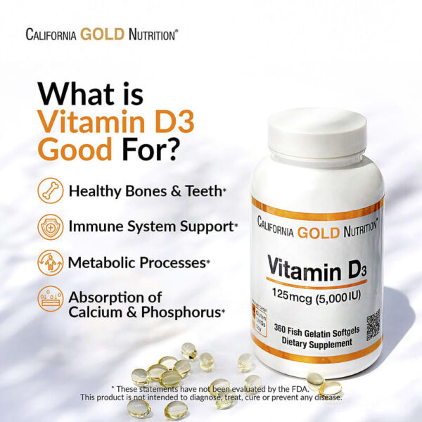California Gold Nutrition Vitamin D3, 125 mcg (5,000 IU), 90 Fish Gelatin Softgels