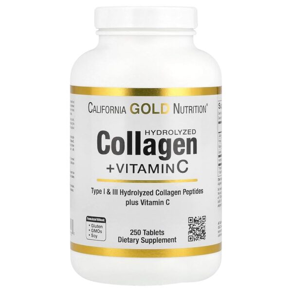 California Gold Nutrition Hydrolyzed Collagen Peptides + Vitamin C, Type I & III, 250 Tablets