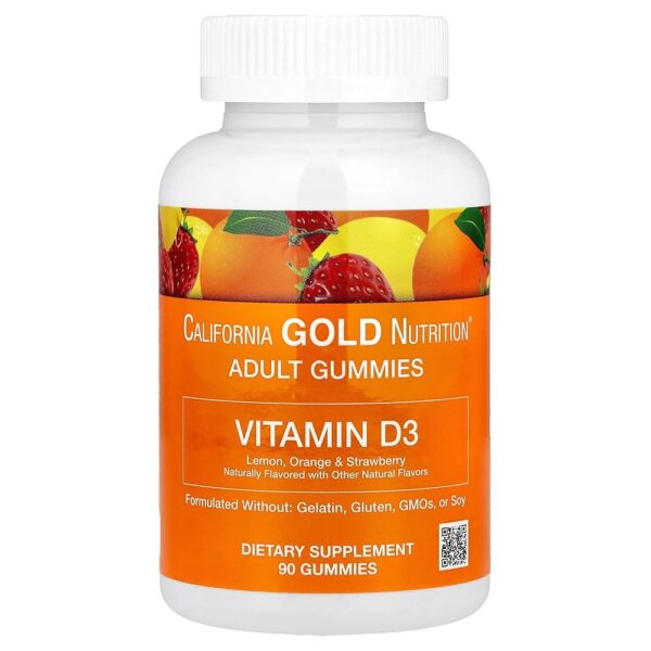 California Gold Nutrition Vitamin D3 Gummies, No Gelatin, No Gluten, Mixed Berry & Fruit Flavors, 25 mcg (1,000 IU), 90 Gummies