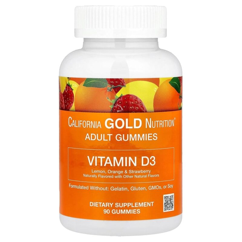 California Gold Nutrition Vitamin D3 Gummies, No Gelatin, No Gluten, Mixed Berry & Fruit Flavors, 25 mcg (1,000 IU), 90 Gummies