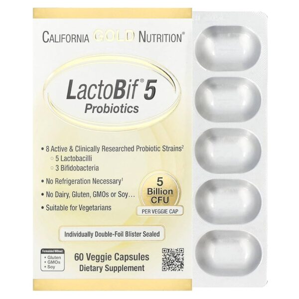 California Gold Nutrition LactoBif 5 Probiotics, 5 Billion CFU, 60 Veggie Capsules