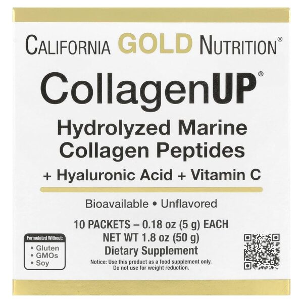California Gold Nutrition CollagenUP, Hydrolyzed Marine Collagen Peptides with Hyaluronic Acid and Vitamin C, Unflavored, 10 Packets, 0.18 oz (5 g) Each